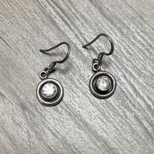 VTG Sterling Silver 925 Earrings Small Round Dangle Pierced Hooks Clear Glass